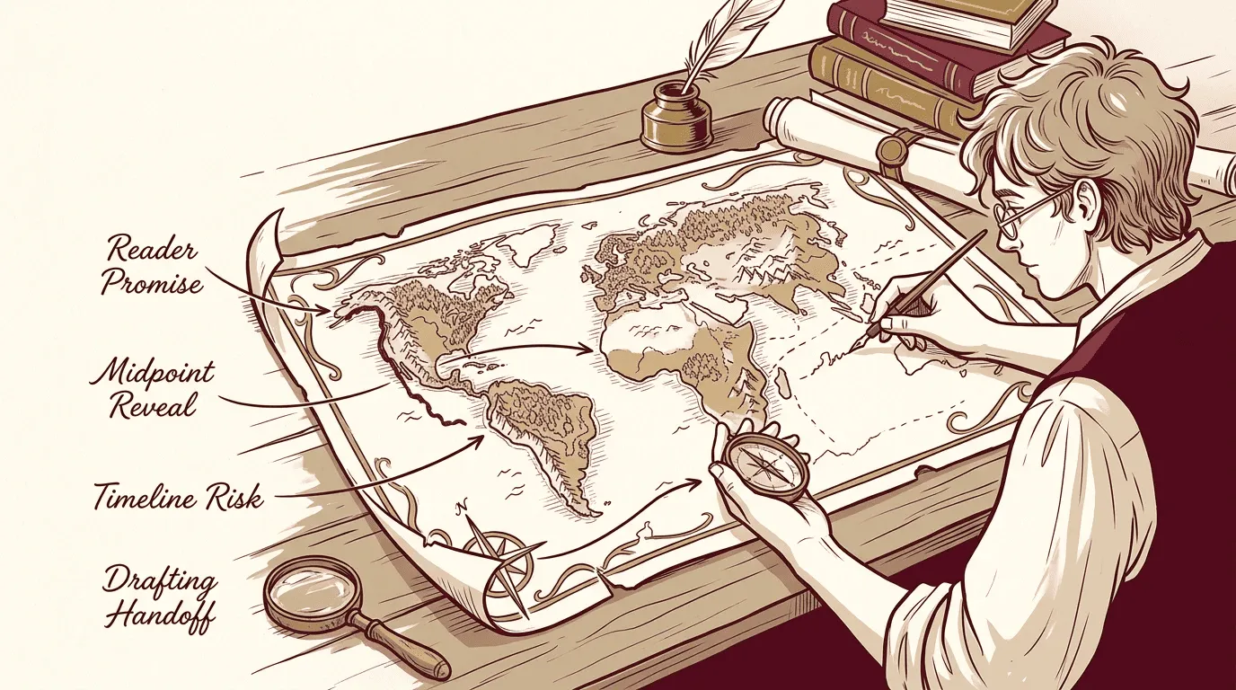 Fantasy cartographer outline example with shifting map borders and notes for reader promise, midpoint reveal, timeline risk, and drafting handoff.
