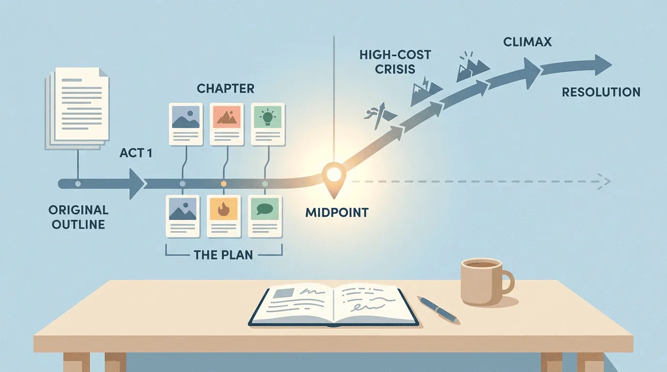 Story path turning at a midpoint marker from false progress toward crisis.