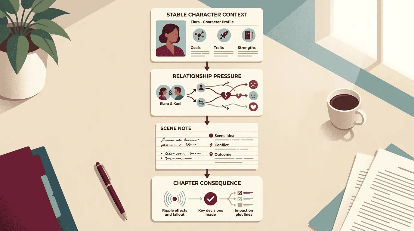 Character answers moving into reusable context, relationship notes, scene notes, and chapter consequences.