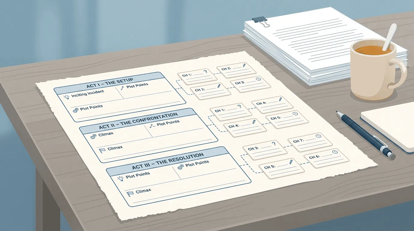 Three-act structure worksheet with blank fields and chapter cards.