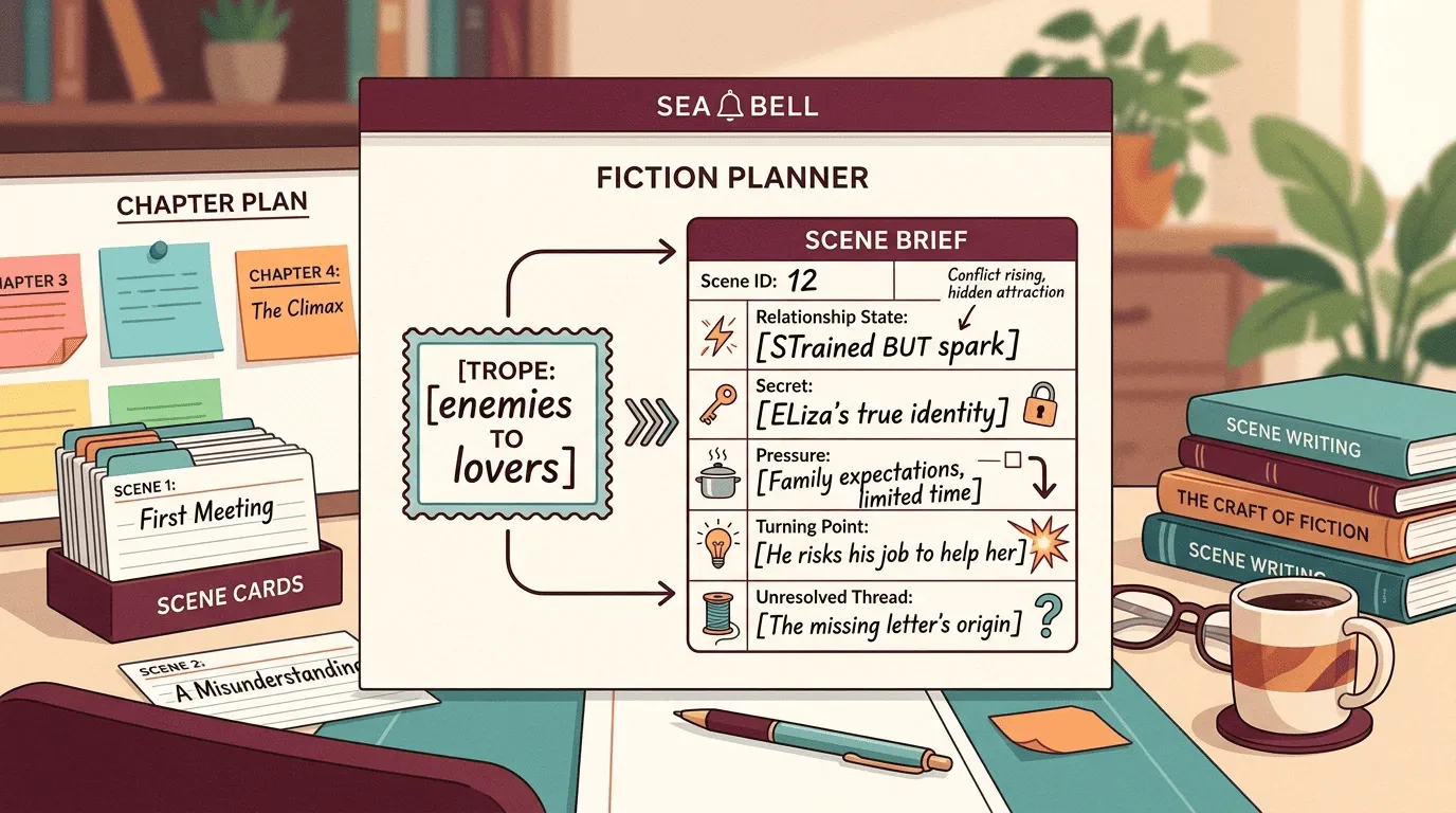 A romance trope label turned into a scene brief with pressure, secret, turning point, and unresolved thread fields.