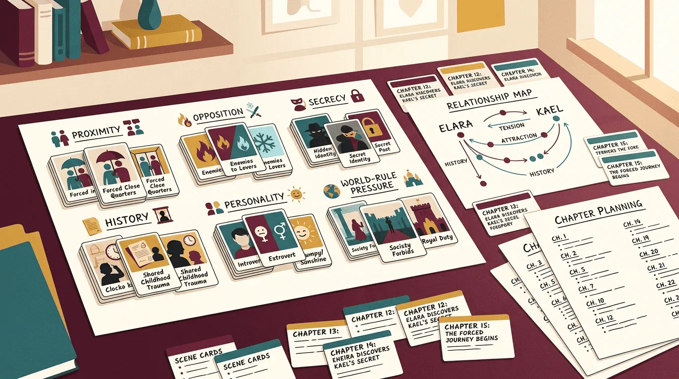 Romance trope groups organized by proximity, opposition, secrecy, history, personality, and world-rule pressure.