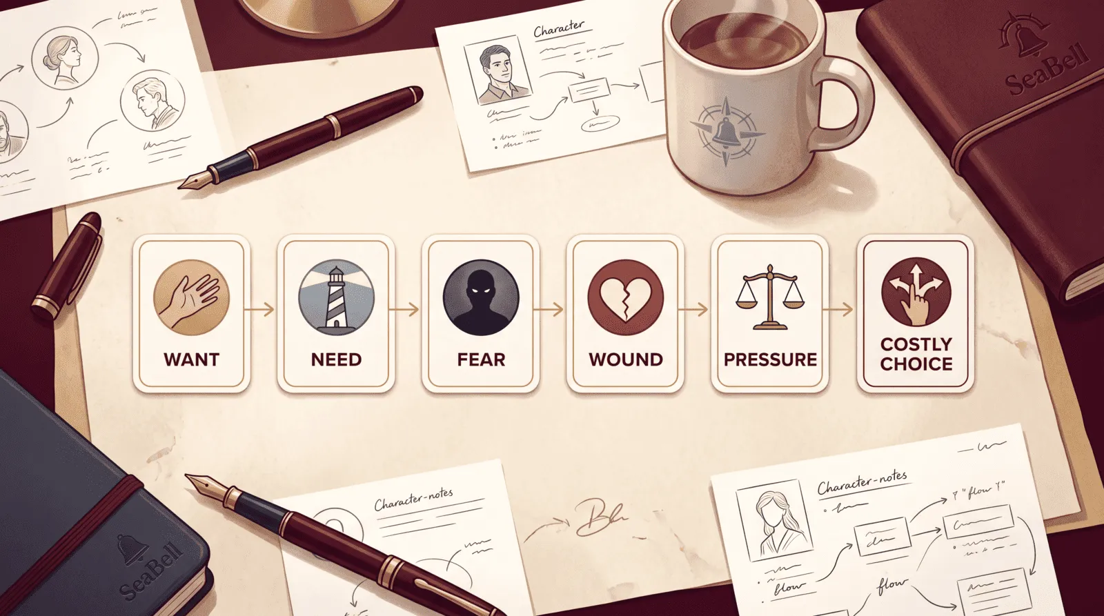 Five connected story-motivation elements leading to a costly character choice.