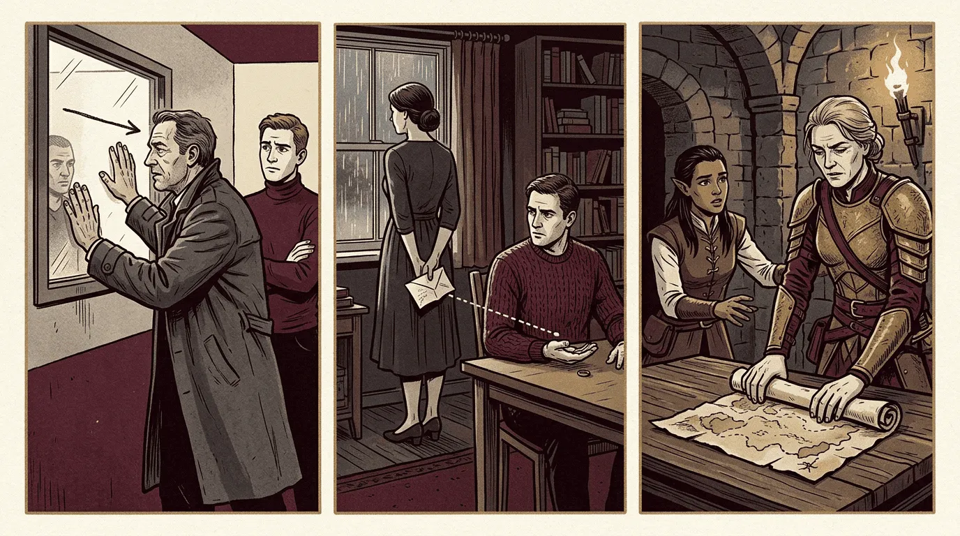 Three fiction scenes showing flawed choices creating mistrust in mystery, romance, and fantasy stories.