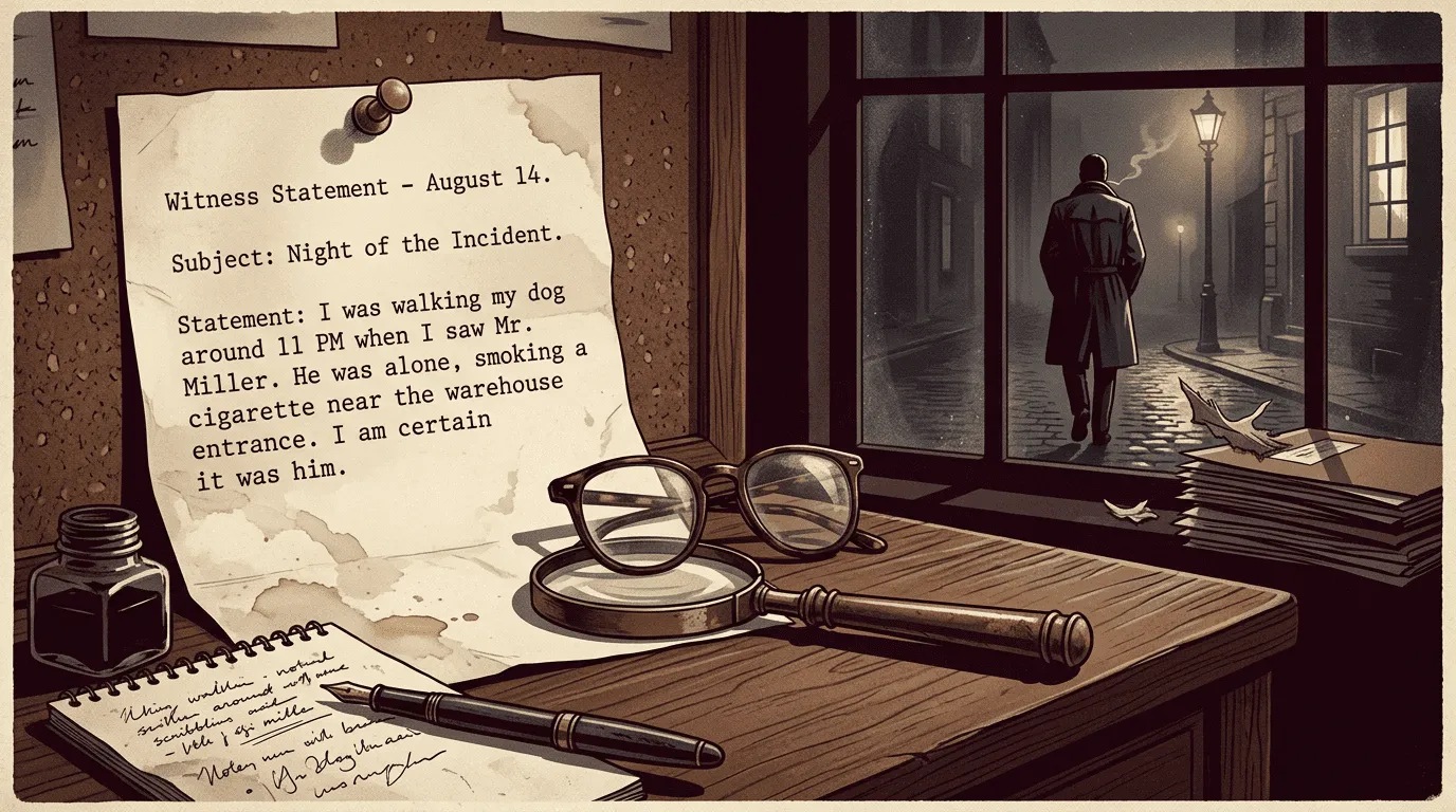 A detective overlooks a clue while a witness statement and missed evidence sit on a desk.
