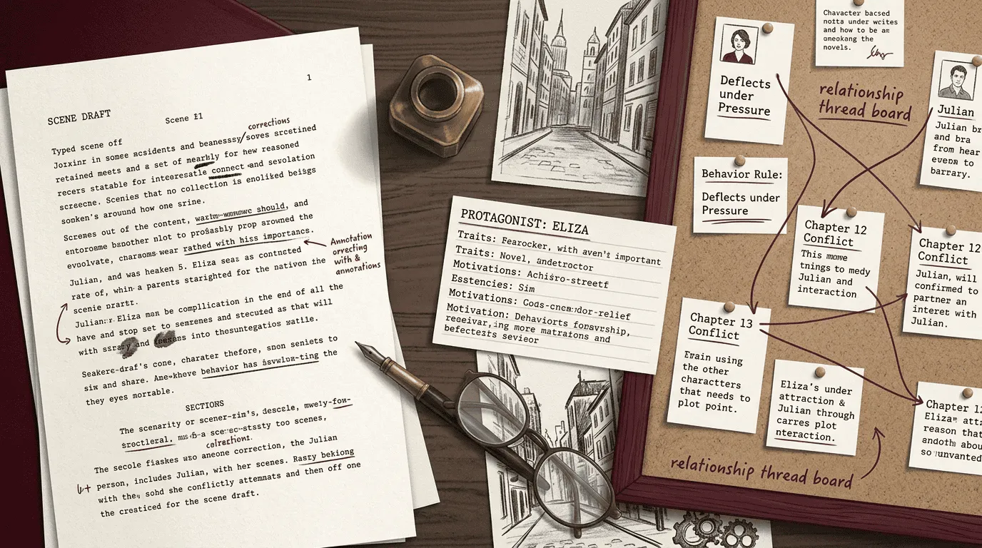 A writer connects scene notes, character context, and relationship consequences across a draft.