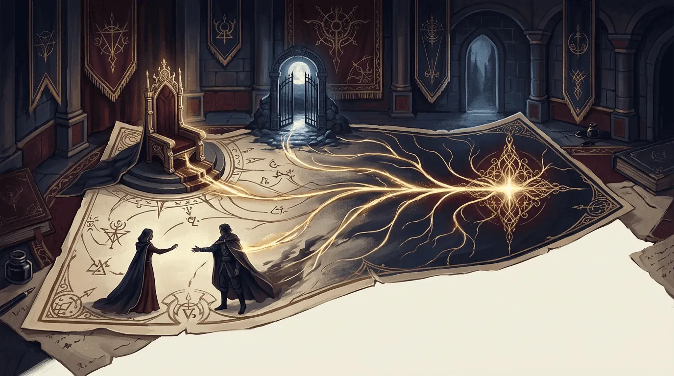 Fantasy court map and magical oath lines converging on a difficult relationship choice.