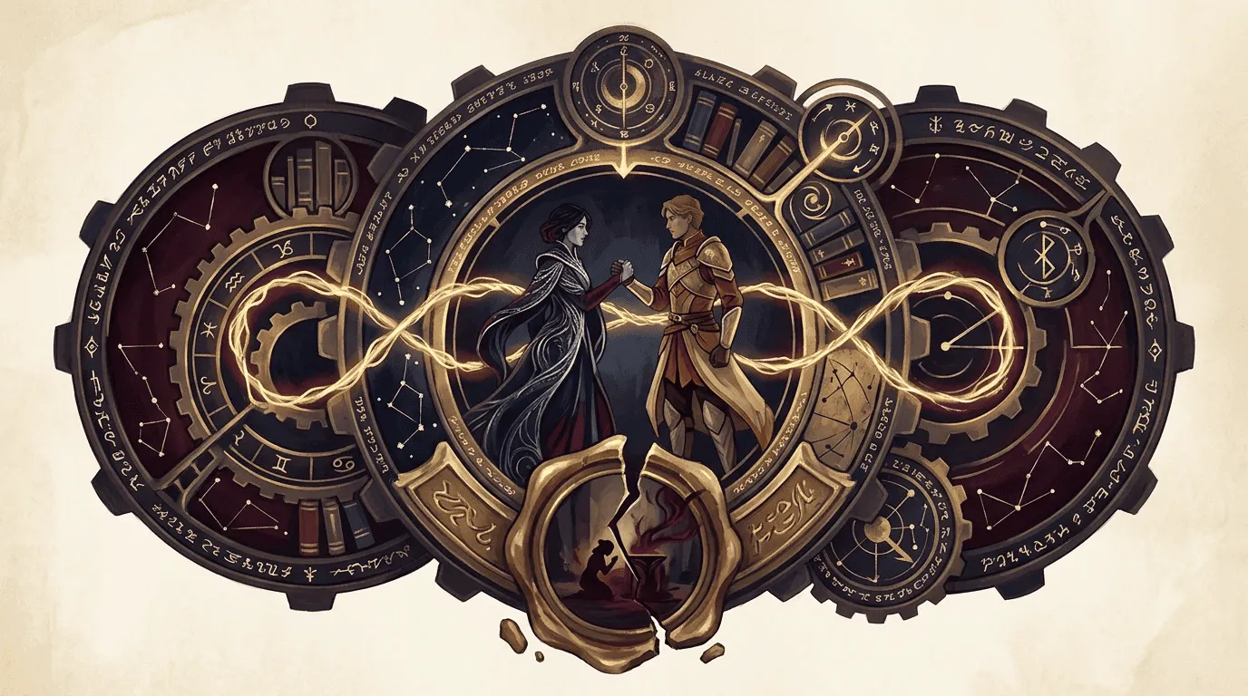 A visual metaphor for a causal romantasy trope stack with opposing characters, an oath bond, and a broken treaty seal.