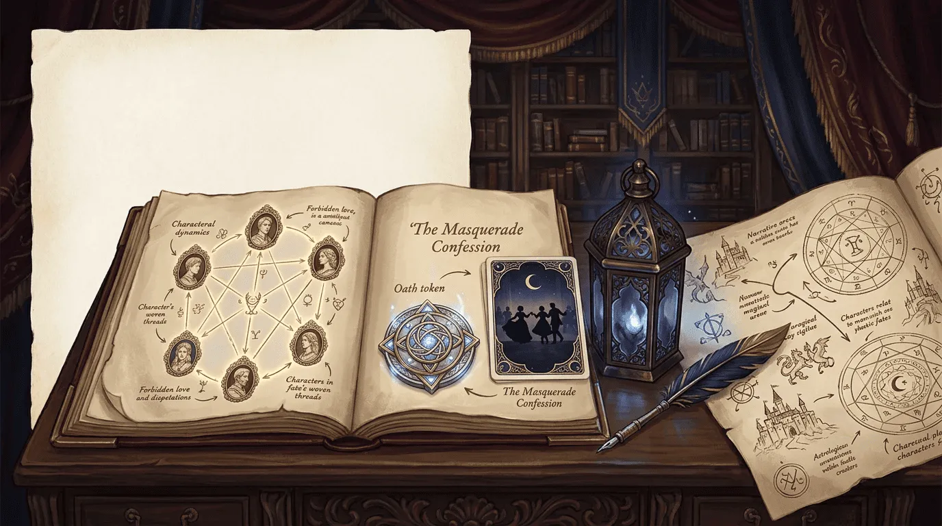 A fiction story bible, relationship map, oath token, and scene card prepared for a romantasy drafting workflow.
