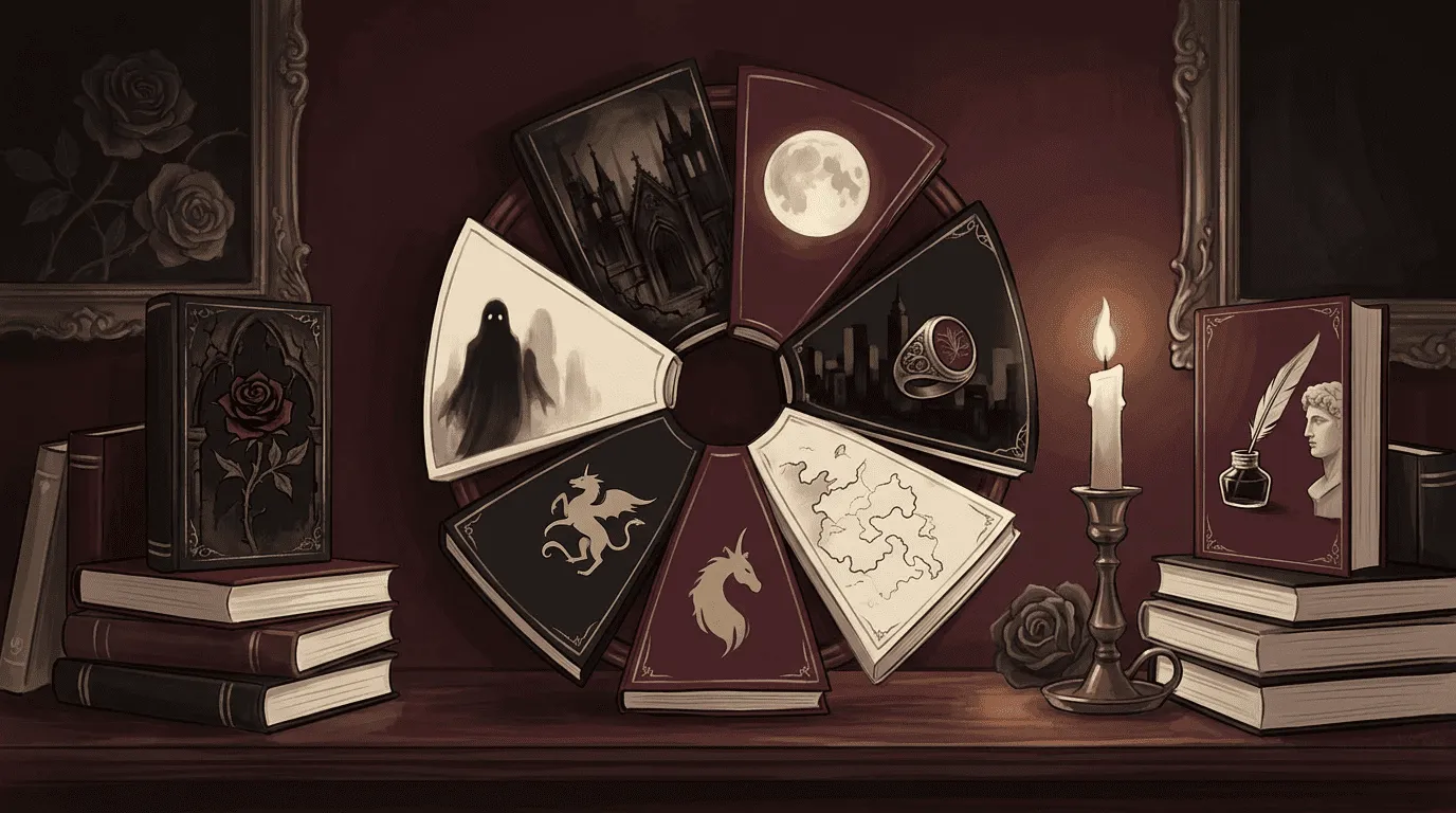 Dark romance subtype mood shelf with gothic, paranormal, mafia, fantasy, and dark academia reading cues.
