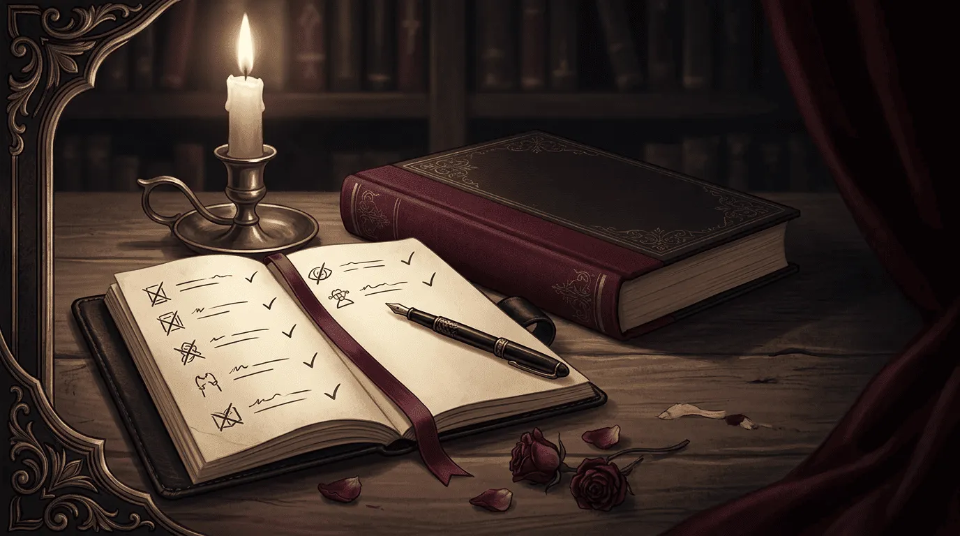 Reader boundary card beside a dark romance book, symbolizing content filters and ending preferences.