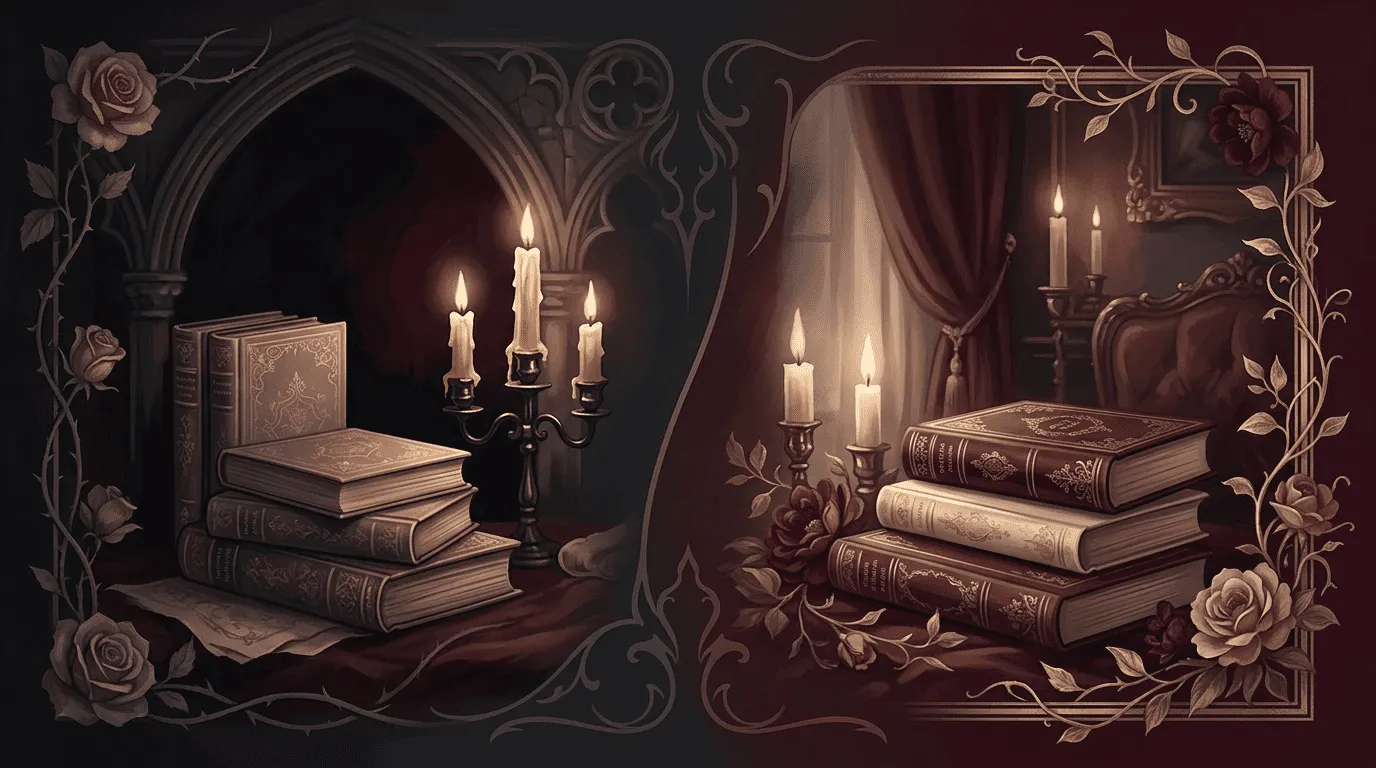 Visual metaphor separating dark romance intensity from spice level with two moody book paths.