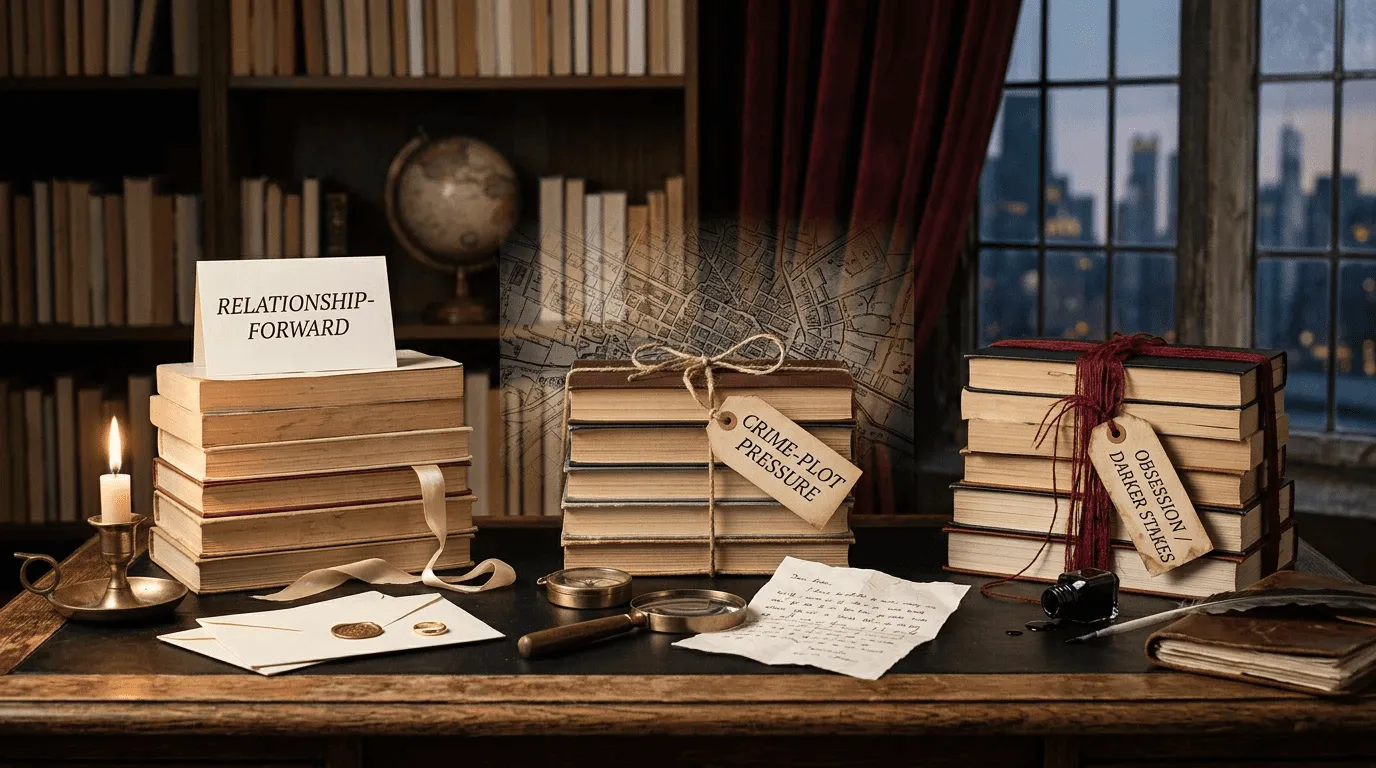 Three unlabeled romance book stacks arranged to show relationship-forward, crime-plot, and darker mafia romance reading paths.