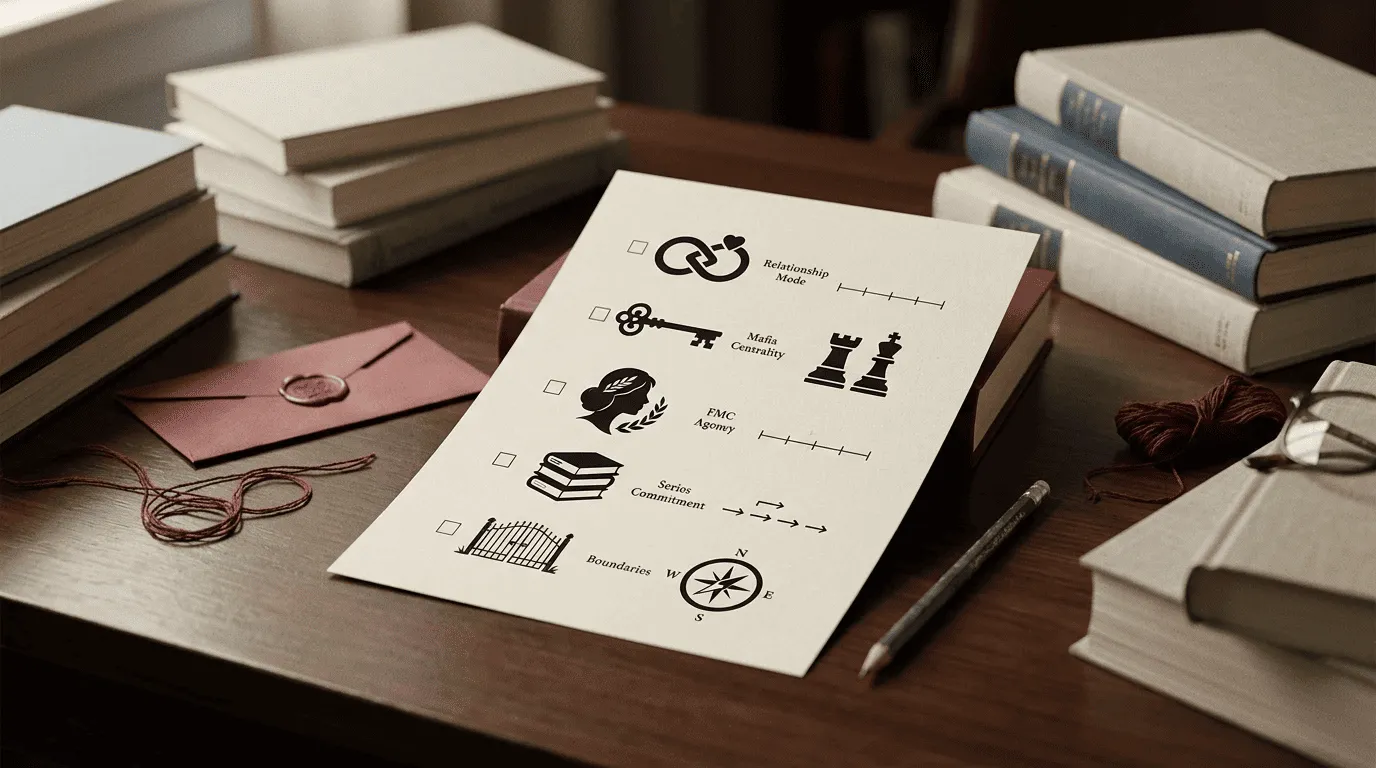 A reading-selection worksheet beside unlabeled books, showing criteria for choosing mafia romance books.