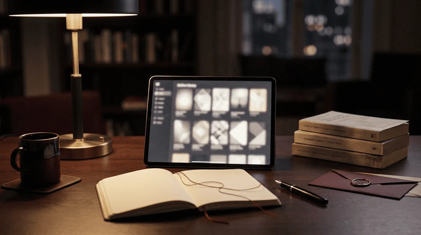 A tablet with an abstract online library grid beside a notebook and unlabeled romance books.