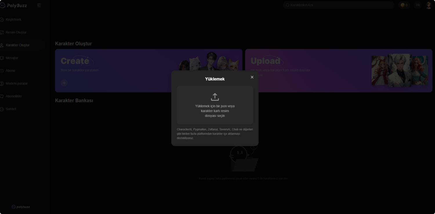 PolyBuzz AI'de karakter oluşturma.