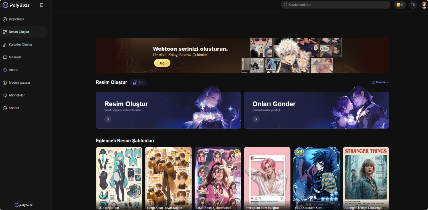 PolyBuzz AI'de geniş karakter kitaplığı.