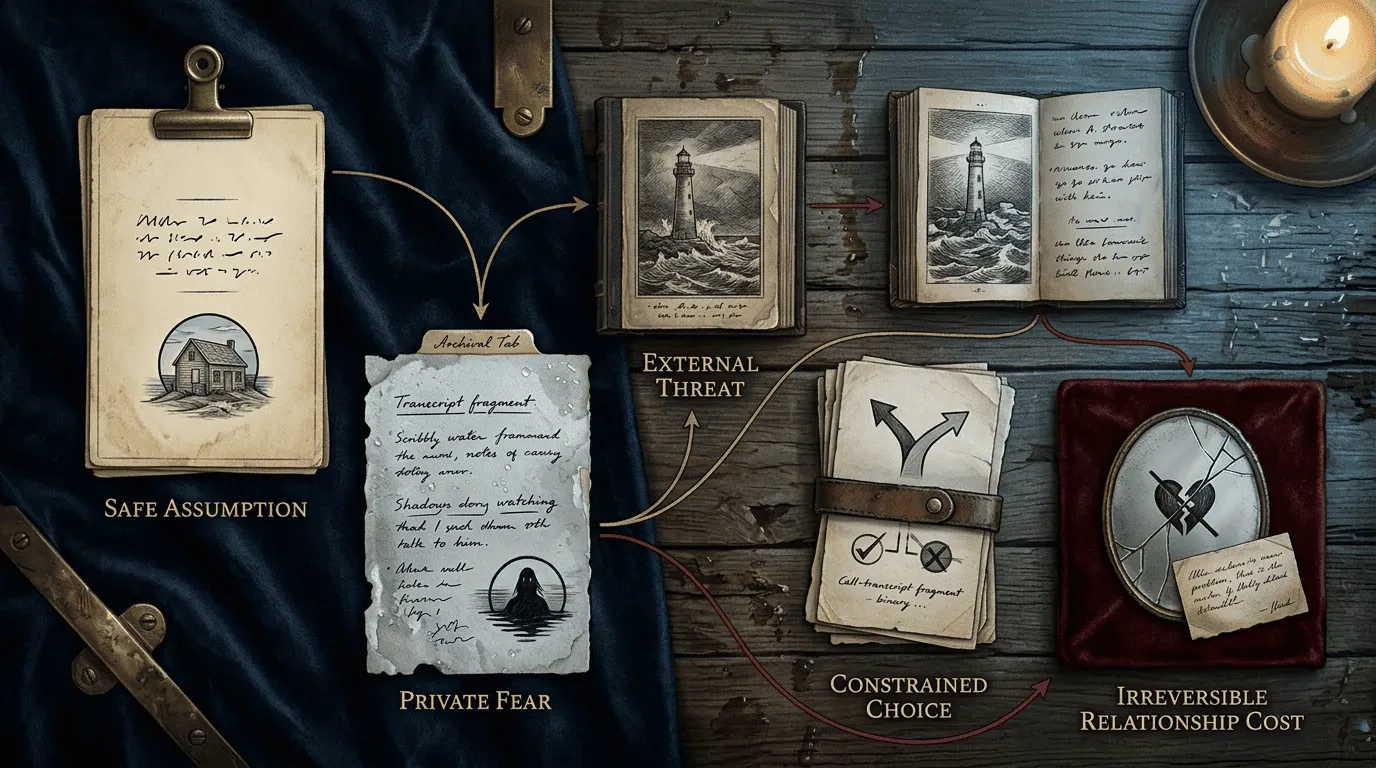 Fear-to-cost map linking a horror protagonist's safe assumption, personal fear, threat, constrained choice, and lasting consequence.