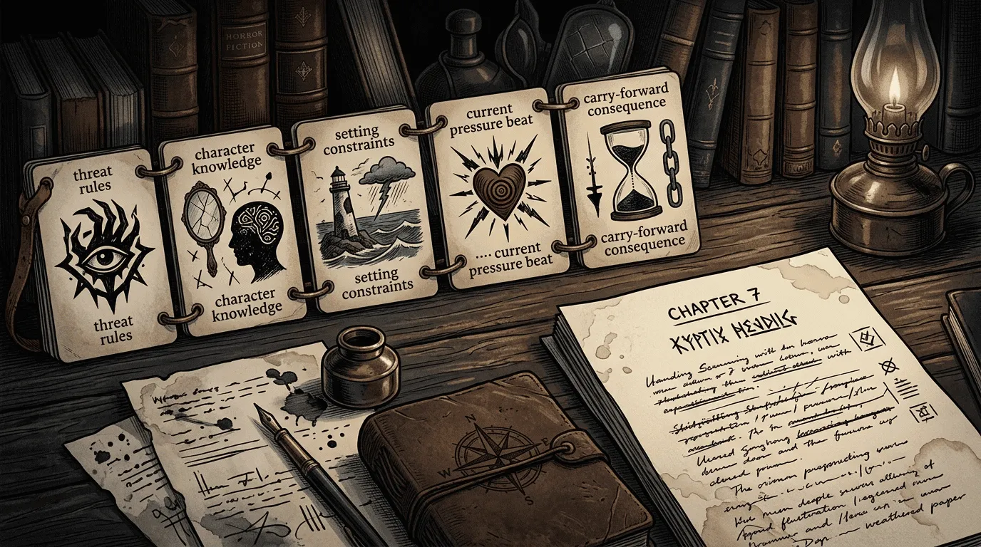 Horror drafting context pack showing threat rules, character knowledge, setting constraints, pressure beat, and carry-forward consequence.