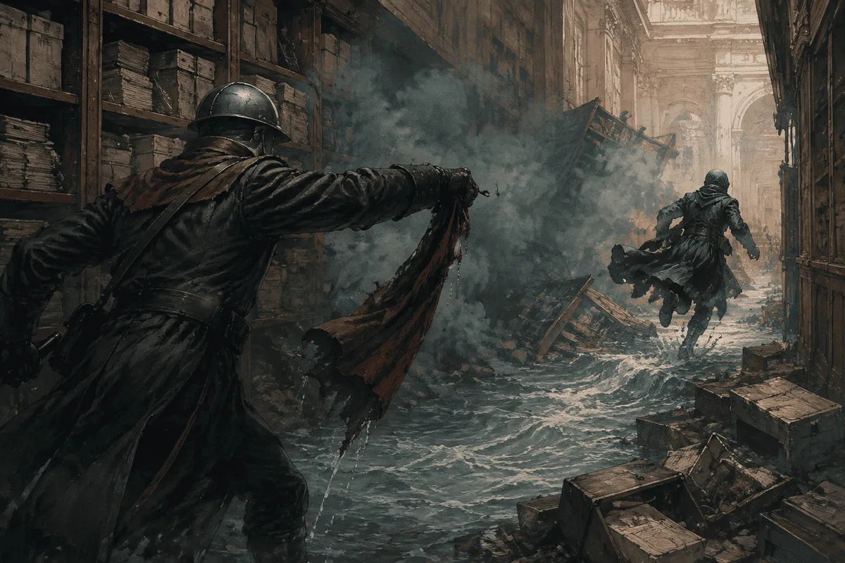 Prose fight-scene state chain showing objective, spatial constraint, action, reaction, capability change, decision, and aftermath.