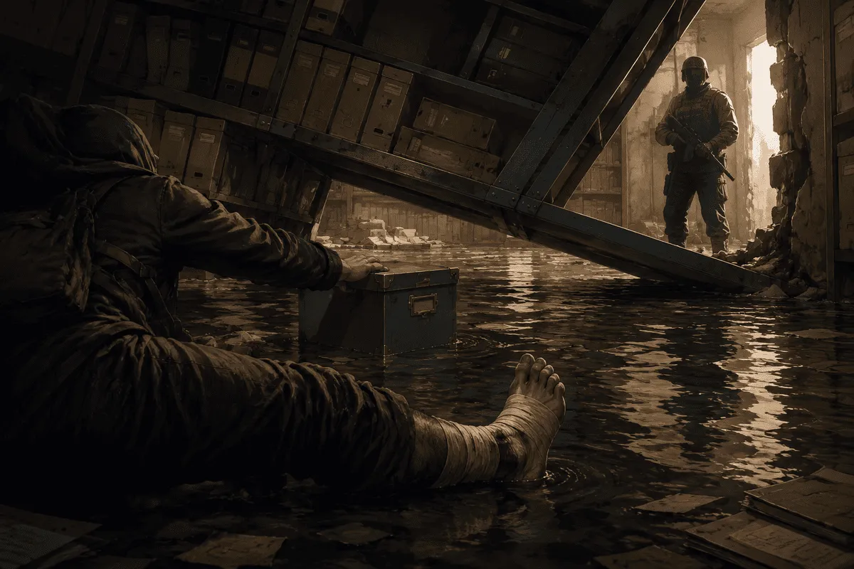 Editorial illustration of a courier making a costly escape choice in a flooded archive, with a fallen shelf, stolen ledger, and blue-gray smoke.