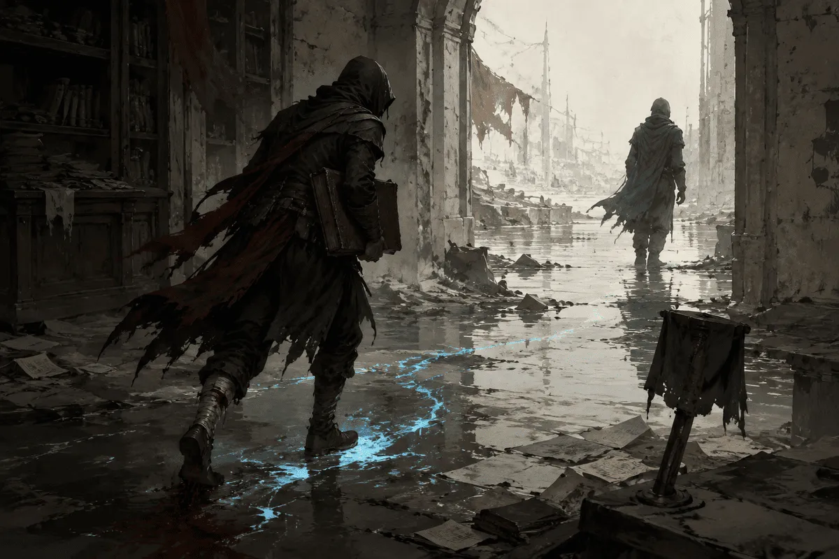 Editorial illustration of a flooded archive fight resolving through spatial cause and effect, with a courier, fallen shelf, unstable water, and a changed escape route.