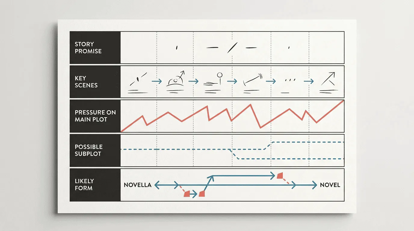 A five-line story scope note connecting key scenes, pressure, subplot, and likely form.