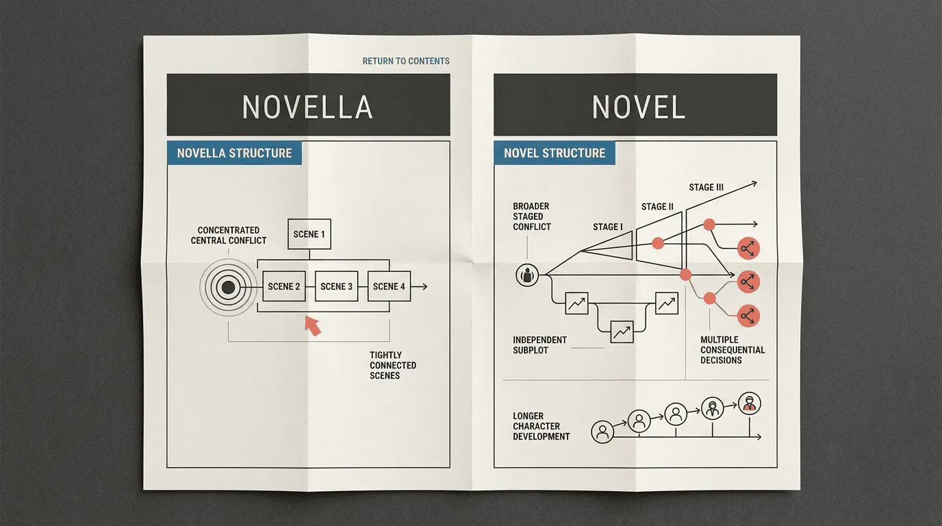 A concise visual comparison of novel and novella story scope, conflict, and subplot capacity.