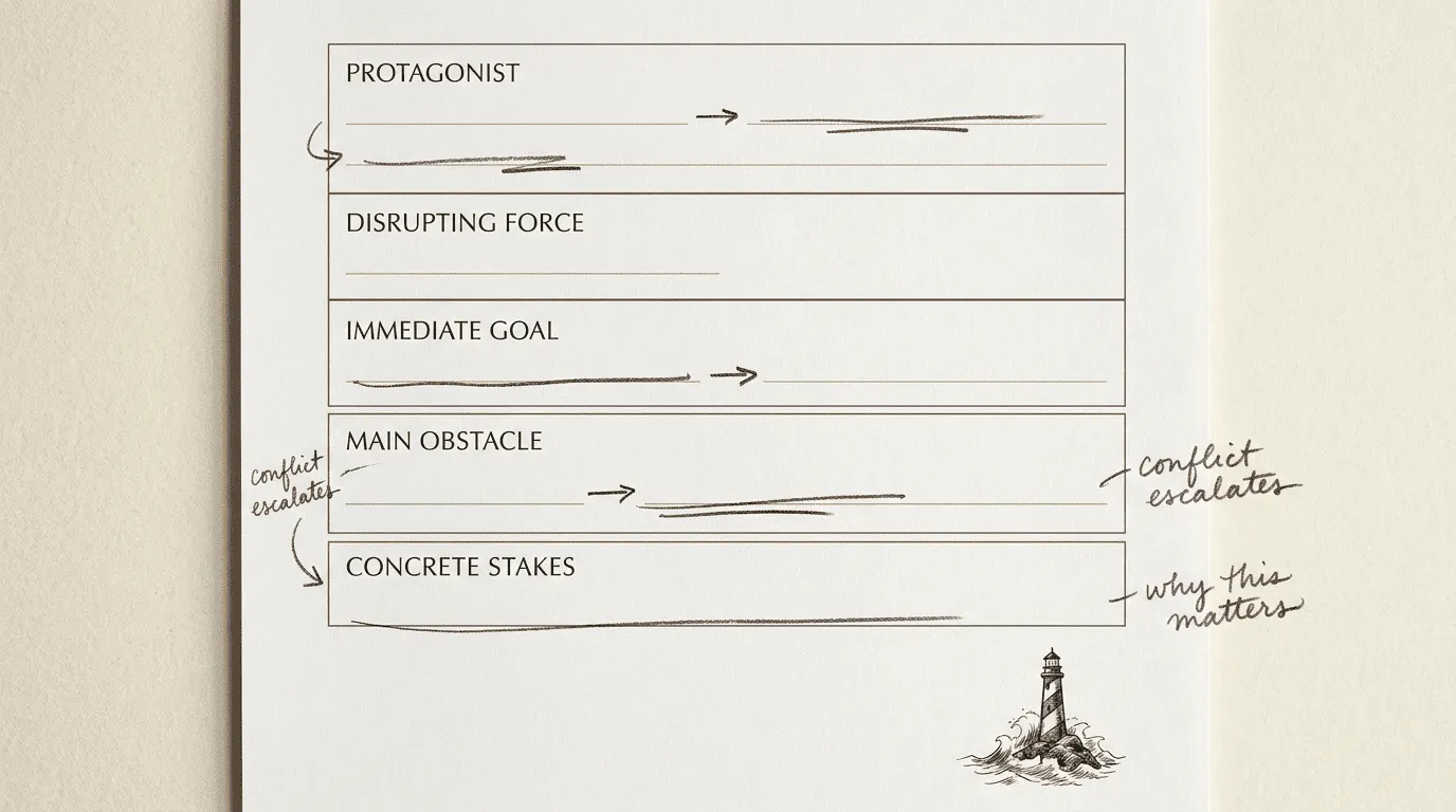 Fiction blurb worksheet showing protagonist, disruption, goal, obstacle, and stakes