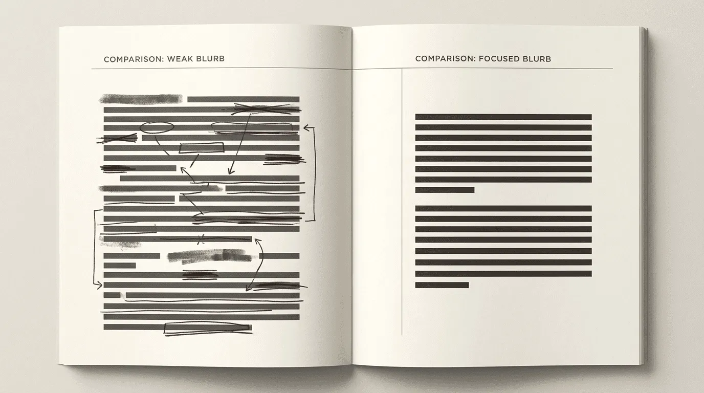 Editorial comparison of vague and focused fiction book blurb copy