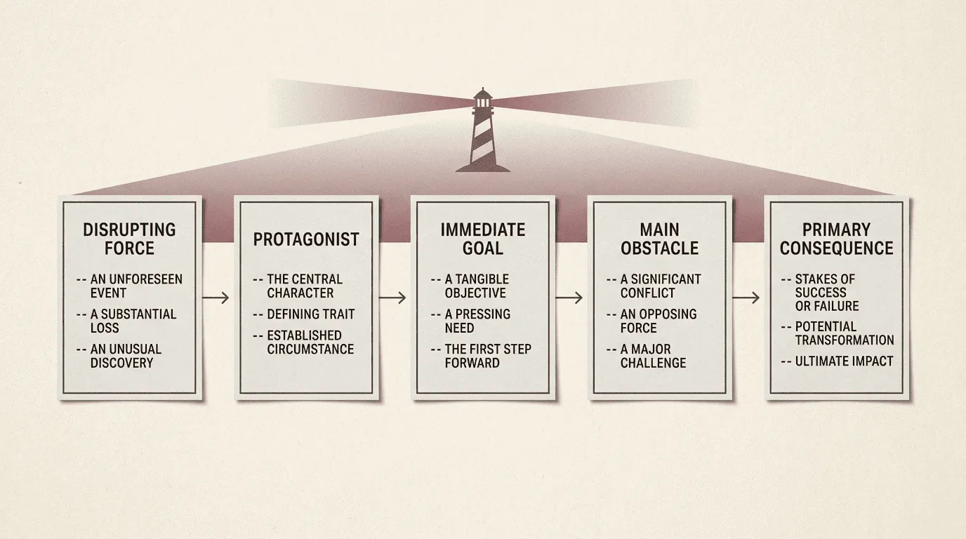Editorial causal-chain diagram for building a fiction blurb working spine