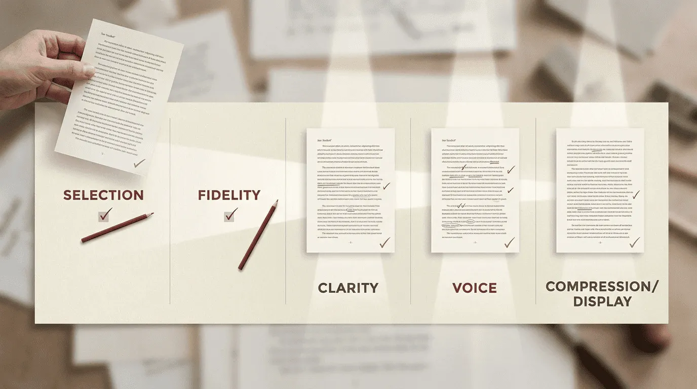 Five-stage editorial revision workflow for fiction book blurb copy