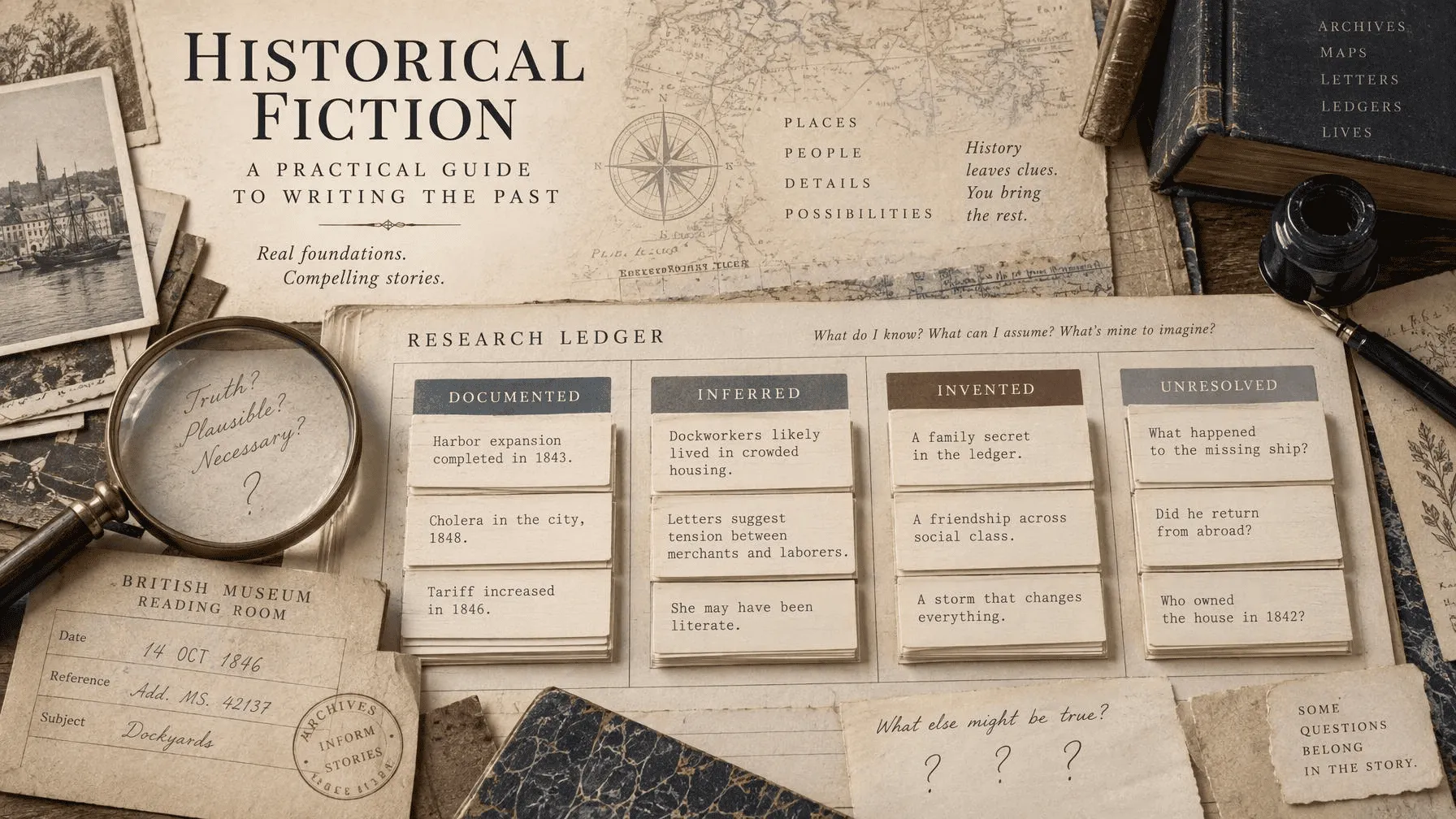 Historical fiction research ledger separating documented evidence, inference, and invention.