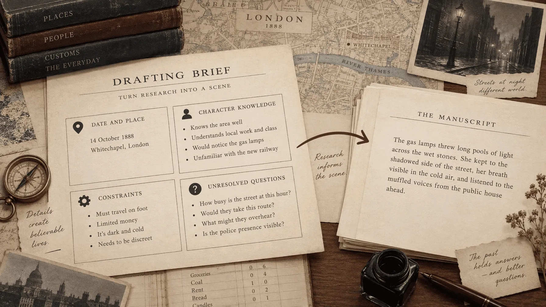 Historical fiction drafting brief linking a date, character knowledge, constraints, and unresolved research questions.