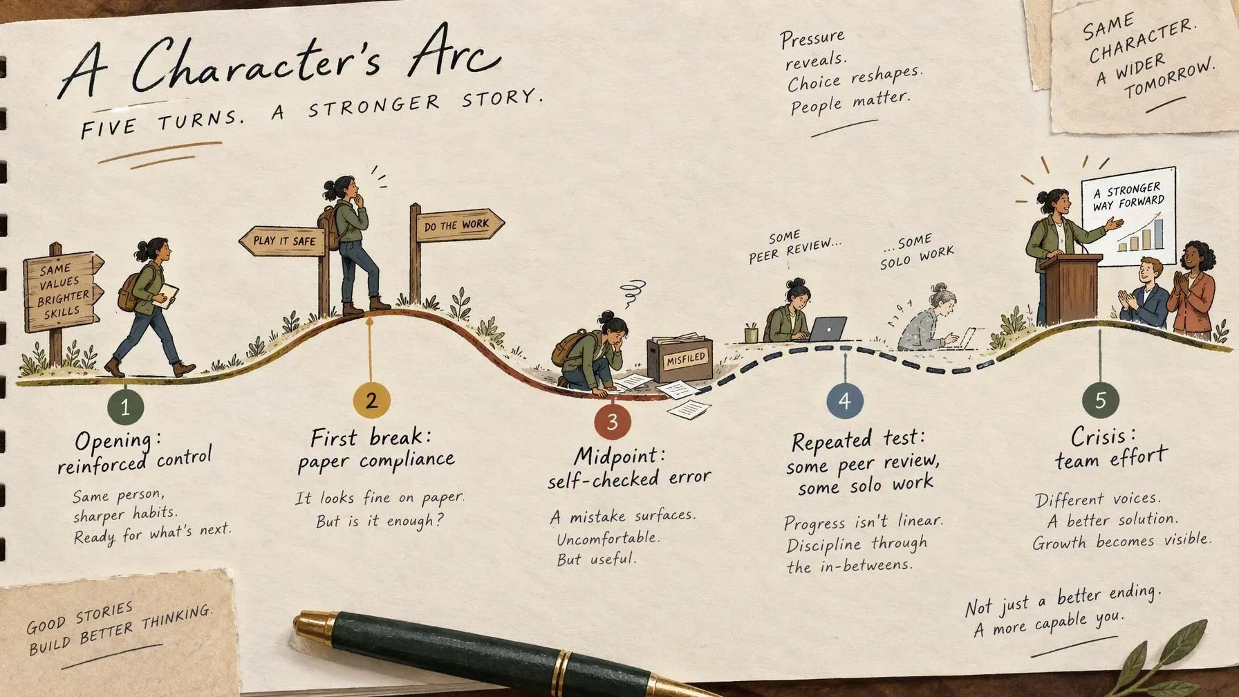 Ines's character arc mapped across five story turns on a timeline: reinforced control at the opening, a bottleneck and paper compliance at the first break, a self-checked misfiled record at the midpoint, inconsistent peer review in the repeated test, and a public inventory presentation with team credit at the crisis.