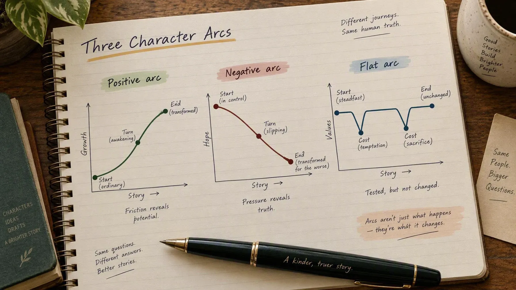 Three character arc paths shown as simple line diagrams on a notebook page: a rising line for the positive arc, a falling line for the negative arc, and a steady line tested by downward spikes for the flat arc.]
