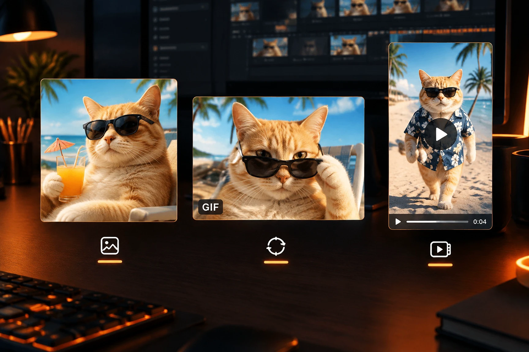 AI meme generator outputs as static AI meme, GIF meme, and AI meme video side by side