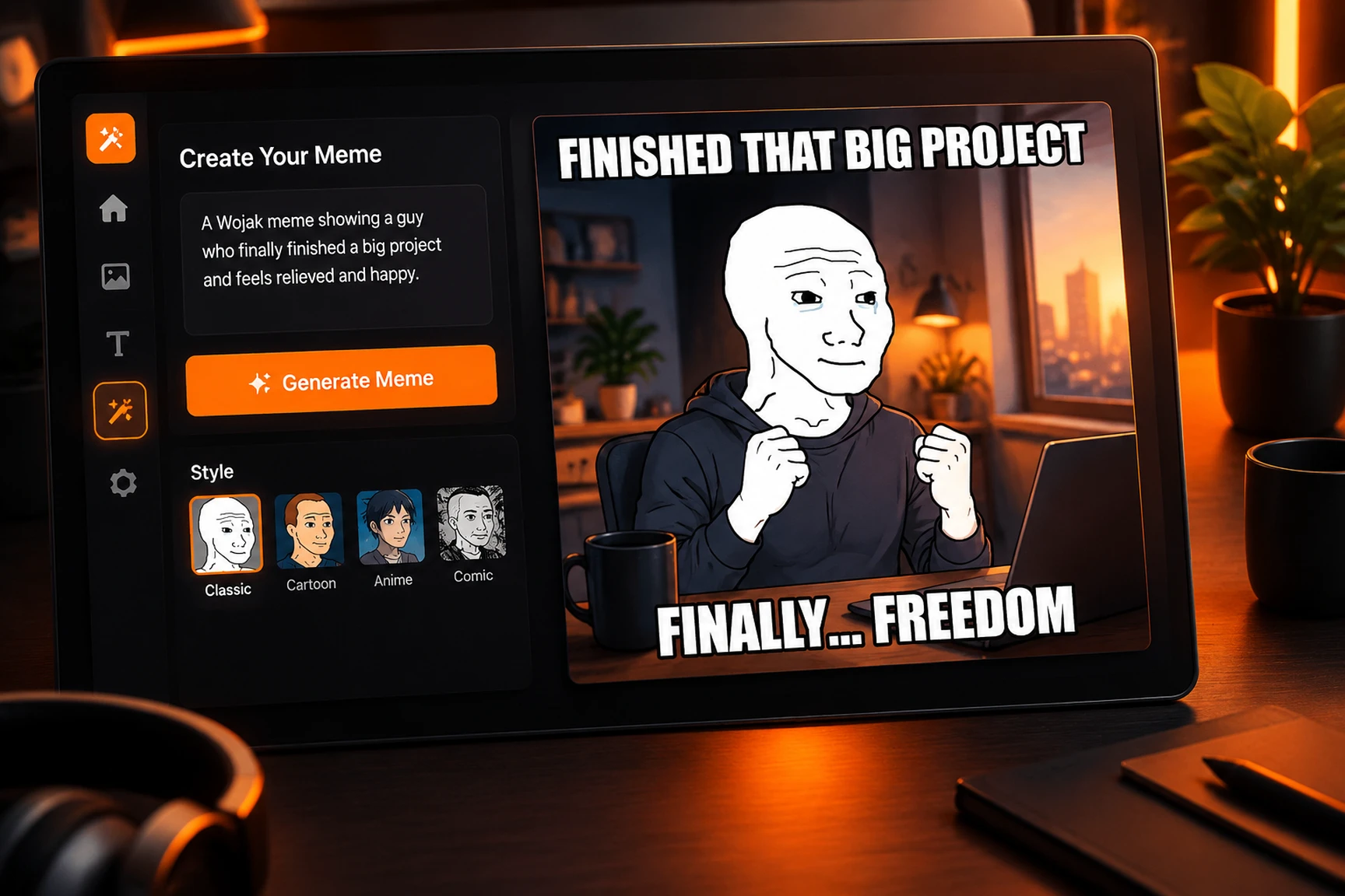 AI meme generator adding the meme text automatically to a Wojak-style image