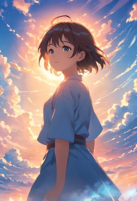 masterpiece, best quality, movie still, 1girl, cloud girl, floating in the sky, close-up, bright, happy, warm soft lighting, sunset, (sparks:0.7)