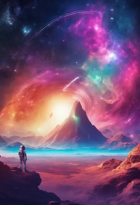 phantastic landscape on a foreign planet, a bright rainbow and planets with rings in the sky