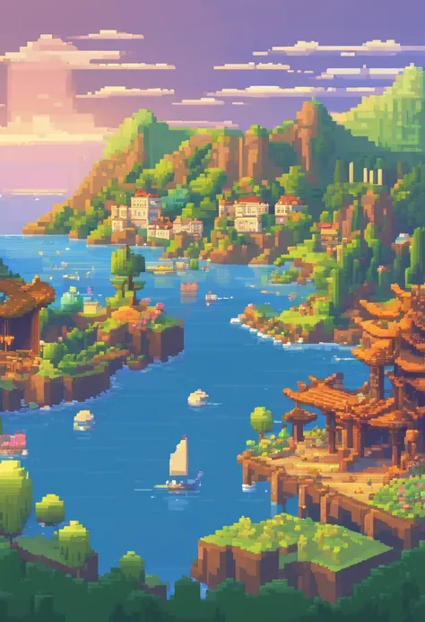 Pixel art tourist destination landscape. Evening. 3d pixel art 4k wallpaper. Incredible pixel art details. Pixel art. Steam waves. Detailed unreal engine pixel art