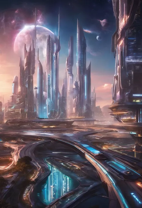 futuristic city with futuristic train and futuristic buildings at night, future concept art, otherwordly futuristic city, in fantasy sci - fi city, beautiful city of the future, futuristic utopian city, concept art 8 k resolution, concept art 8k resolution, city of the future, futuristic space port, concept art 8 k, sci-fi hollywood concept art