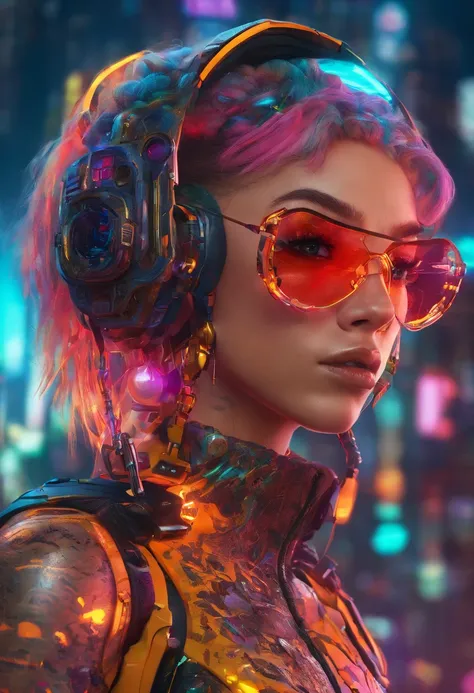 (highly detailed: 1.2), (canon EOS R6 best quality: 1.2), (8k: 1.0), (emb-rrf-low: 1.0), (lots of large black tattoos on cybernetic head open in the middle showing the inside, detailed face, hyper detailed eyes and wearing hi-tech sunglasses with holographic display 1.2), sharp focus (awarded photo: 1.2), (subsurface scatter: 1.2), (subsurface scatter: 1.2). 1.1) (a beautiful ultra-detailed cyborg: 1.2), ( hyper-detailed hair: 1.2), (wonderful body: 1.2), (full body: 1.2), (dynamic stance :1.2), neon glow, (detailed cybernetic eyes:1.1), close-up (hyperrealistic:1.2), rpg, CyberPunk 2077 style, dramatic lighting, (highly detailed futuristic cityscape:1.2), (sci-fi: 1.2). 1.2), professional portrait photography, by wlop greg rutkowski jeffrey simpson alphonse mucha