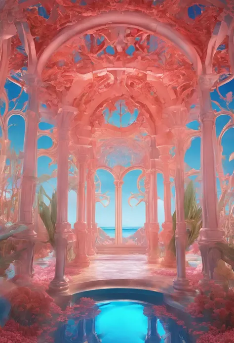 Virtual scene design, coral art installation above the blue ocean, galvanized fiberglass with rainbow gradient, surreal visual representation, magnificent architecture, unique, intricate, exquisite details,(blender, oc rendering, natural light, ray tracing, 8K)