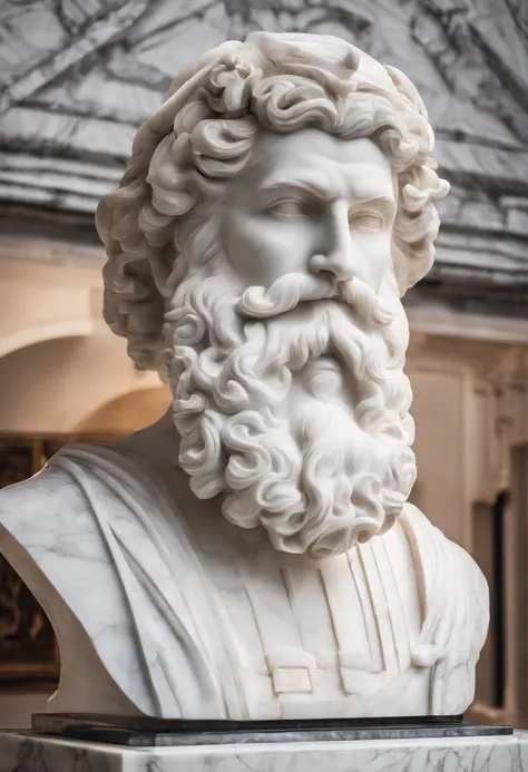 White marble statue of bust of wise man with the style of the bearded Greek philosopher in the museum. Atmosfera escura, alto contraste de luz e sombra, fotografia profissional, utrarealista, Light Volumetric, cinemactic