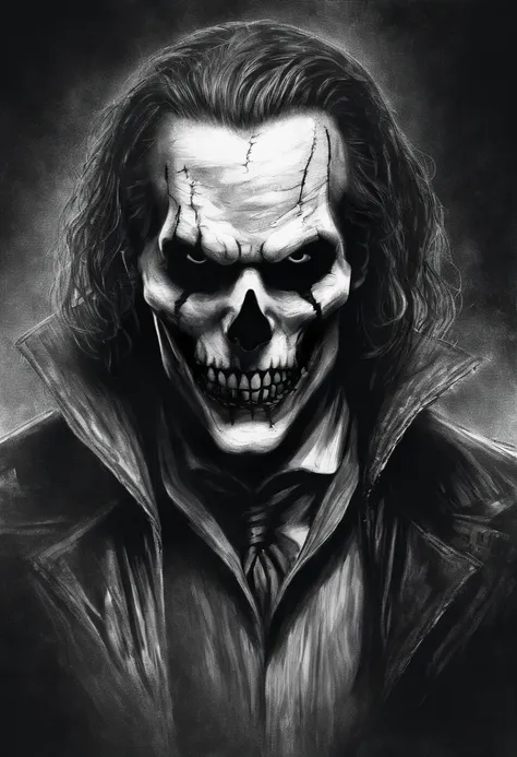 A sketch drawing of character skull joker, hyper-realistic, artistic, all black and white