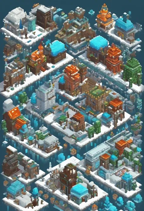 **large arctic fence around the town with 20 buildings, isometric, sci-fi, 3d, game art, retro sci-fi