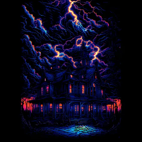 front view (haunted tavern, lightning, beautiful clouds, night:1.1) portrait, symmetrical artistic sharp art, (dan mumford style...