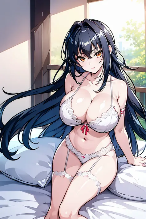 Bedroom,On Bed,Day,Windows,
garter belt, garter straps,thighhighs, underwear, white bra,White lingerie,high-heels,
white Lace bra,White lingerie,White Lace panties,(huge breasts:1.4), cleavage, collarbone, bare shoulders,
armbands,
red eyes, black hair,him...