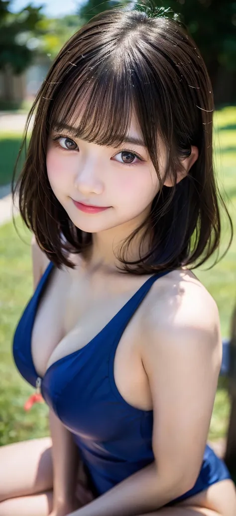 Spread legs, Shoot from below, Looking at the camera, Naked body, Navy blue one-piece school swimsuit, flower  field, A slender, Kissing face, idolface, Neat face, Blur the background, bob cuts, Colossal tits, 14years,  Lori, A smile, ​masterpiece, top-qua...